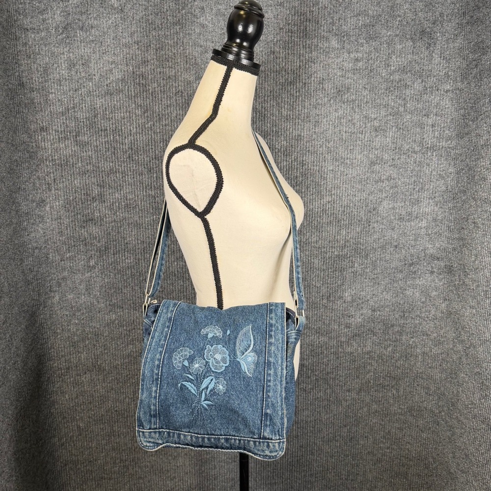Denim Crossbody Messenger Flap Bag Butterfly Flower Embroidered Y2K Cottagecore